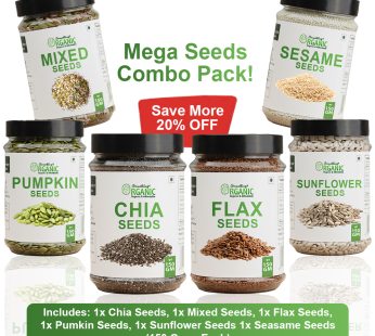 Bundle Of 6 150GM- Mixed Seeds & Green Pumpkin Seeds Without Shell | Sunflower Seeds Without Shell | Flexseeds | White Sesame Seeds | Chia Seeds PCOS Seeds Cyling Kit Jar